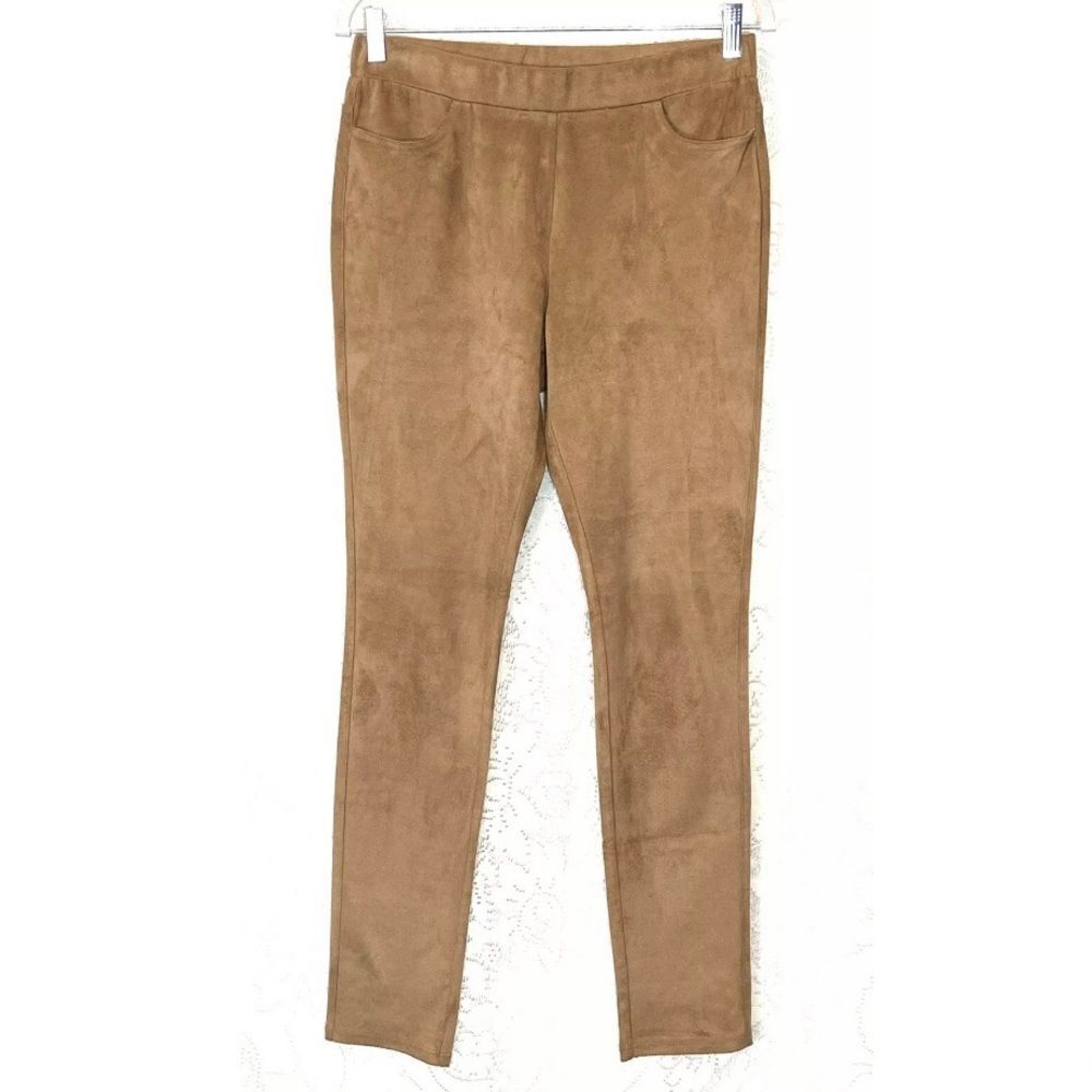 NWT JOAN VASS Sz S Camel Faux Suede Pants Leggings Elastic Waistband w/ Pockets - Picture 4 of 11